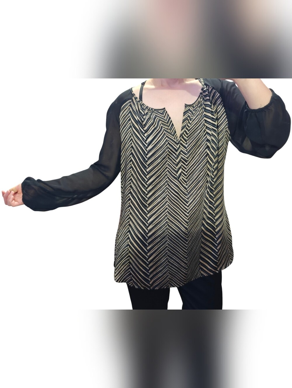 Ann Taylor Geometric Long Sleeve Blouse in Black & Beige Size SP